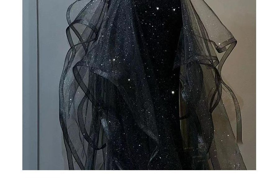 Sleeveless Plain Mesh Gown Beaded Glitter Ruffle Neck Panel A-Line Crew Evening