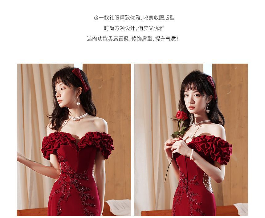 Evening Off Beaded Gown Ruched Shoulder Panel Mermaid Short-Sleeve Mesh Plain