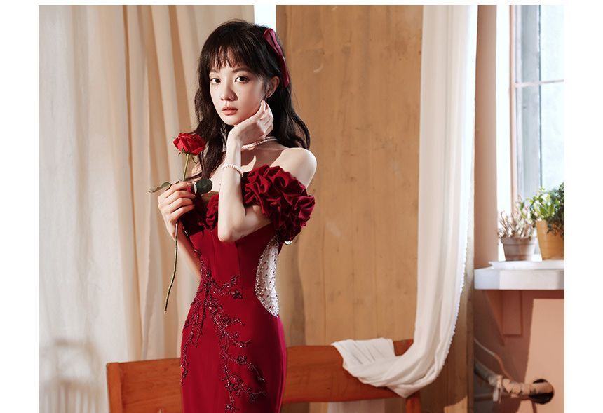 Evening Off Beaded Gown Ruched Shoulder Panel Mermaid Short-Sleeve Mesh Plain