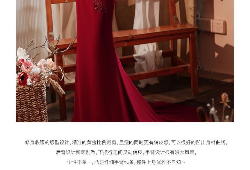 Evening Off Beaded Gown Ruched Shoulder Panel Mermaid Short-Sleeve Mesh Plain