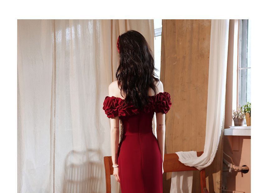 Evening Off Beaded Gown Ruched Shoulder Panel Mermaid Short-Sleeve Mesh Plain