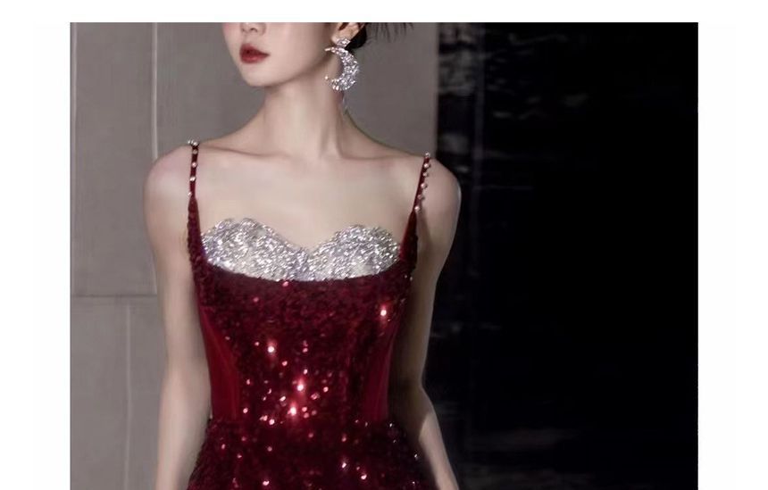 Two Panel Mesh Slit A-Line Spaghetti Strap Evening Sequin Gown Tone