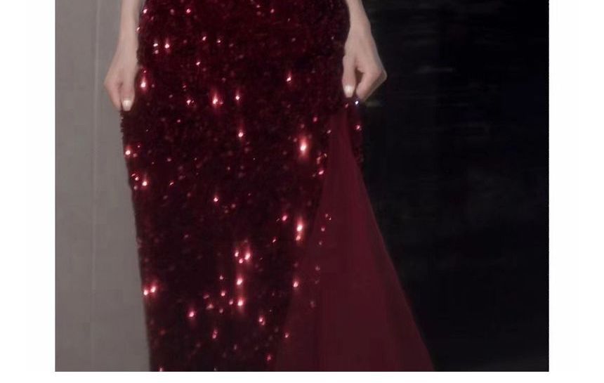 Two Panel Mesh Slit A-Line Spaghetti Strap Evening Sequin Gown Tone