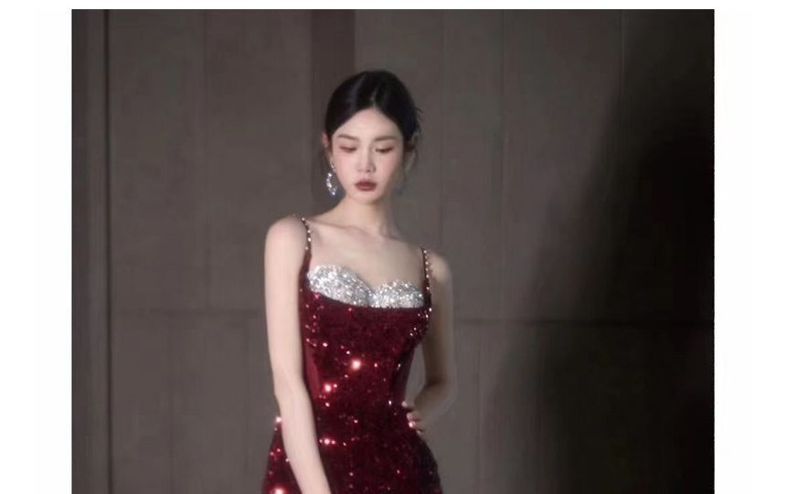 Two Panel Mesh Slit A-Line Spaghetti Strap Evening Sequin Gown Tone