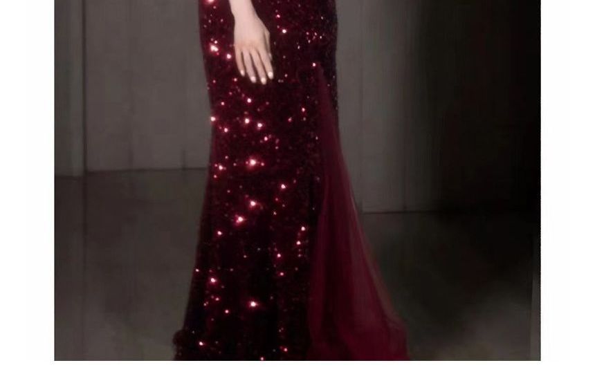 Two Panel Mesh Slit A-Line Spaghetti Strap Evening Sequin Gown Tone