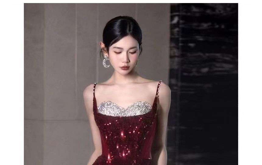 Two Panel Mesh Slit A-Line Spaghetti Strap Evening Sequin Gown Tone