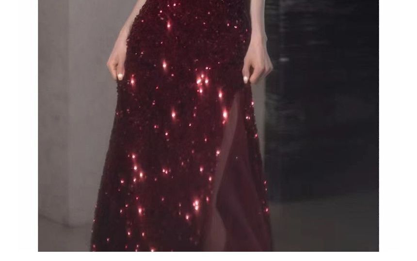 Two Panel Mesh Slit A-Line Spaghetti Strap Evening Sequin Gown Tone