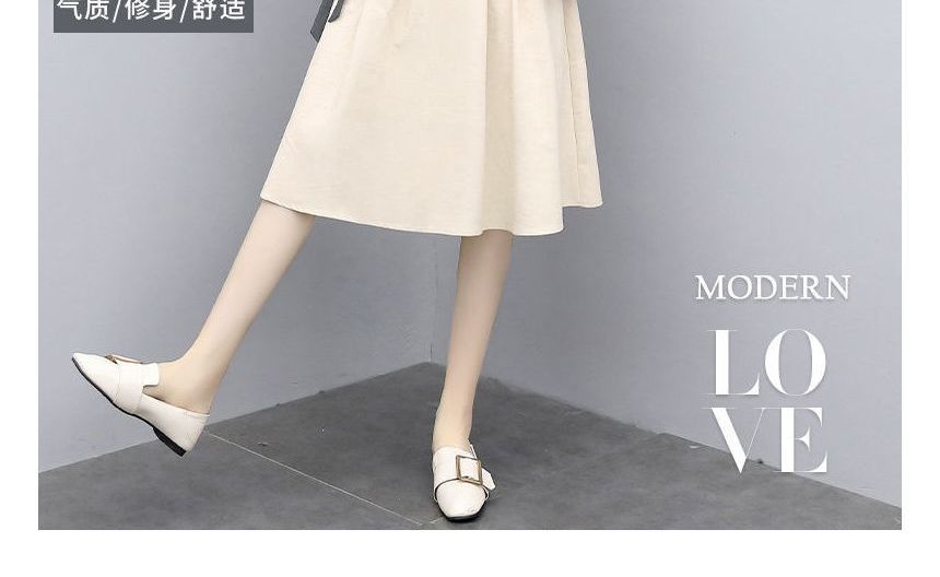 Skirt Short-Sleeve Round + Midi Neck Plain Set: T-Shirt Elastic Waist A-Line