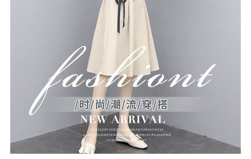 Skirt Short-Sleeve Round + Midi Neck Plain Set: T-Shirt Elastic Waist A-Line