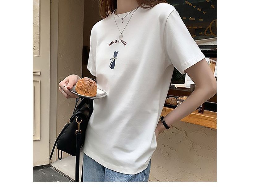T-Shirt Short-Sleeve Print Crew Cat Neck