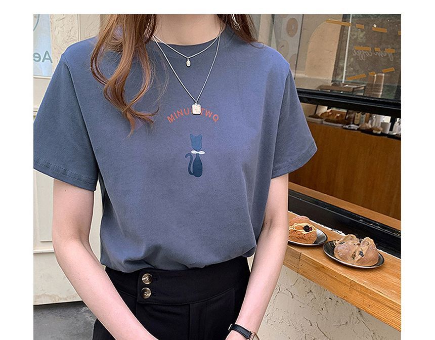 T-Shirt Short-Sleeve Print Crew Cat Neck