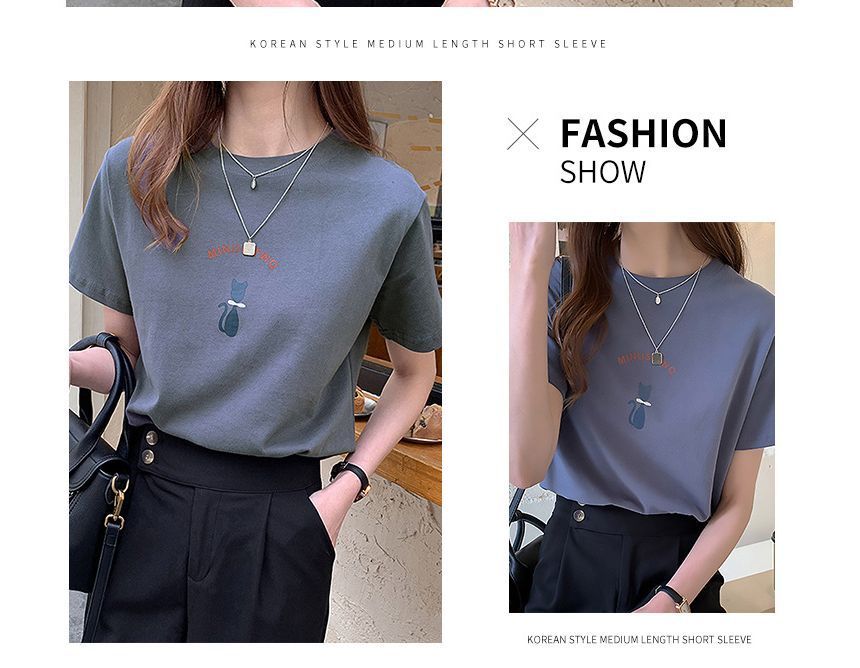 T-Shirt Short-Sleeve Print Crew Cat Neck