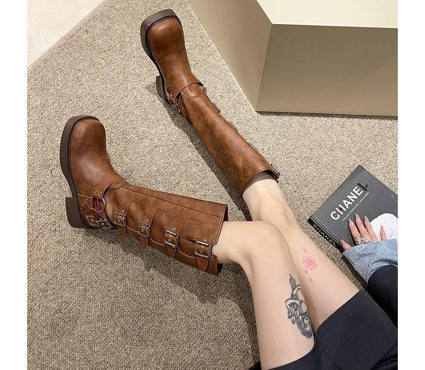 Platform Knee High Boots Multi-Buckle