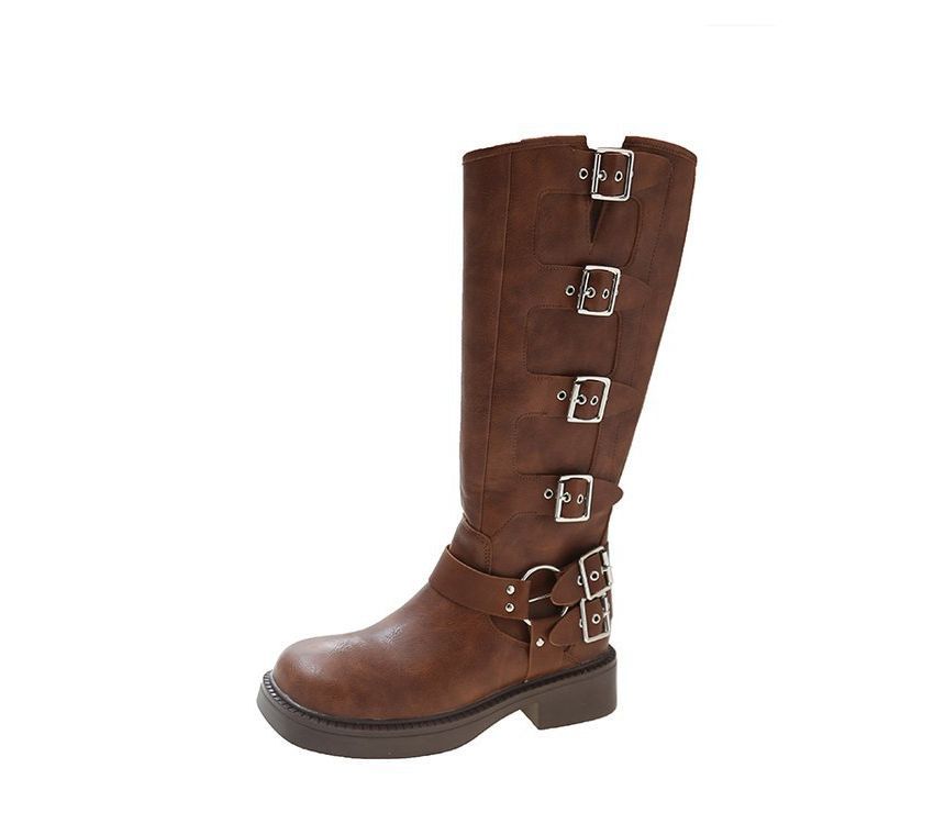 Platform Knee High Boots Multi-Buckle