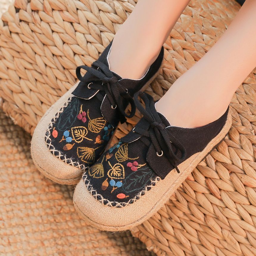 Leaf Embroidered Slip-Ons Lace-Up