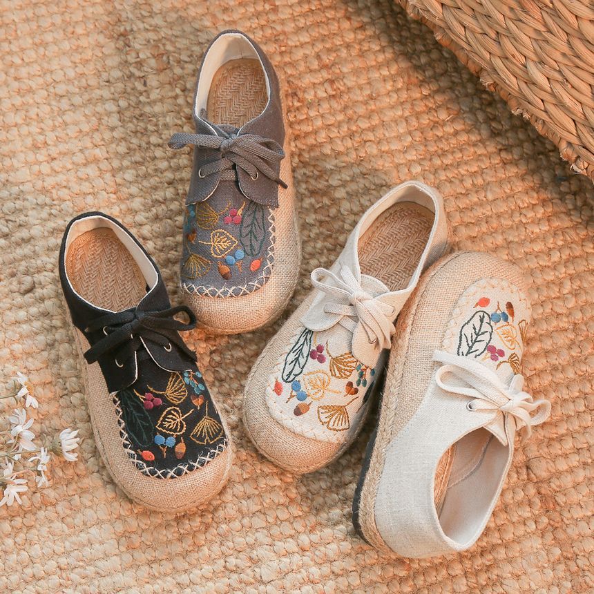 Leaf Embroidered Slip-Ons Lace-Up