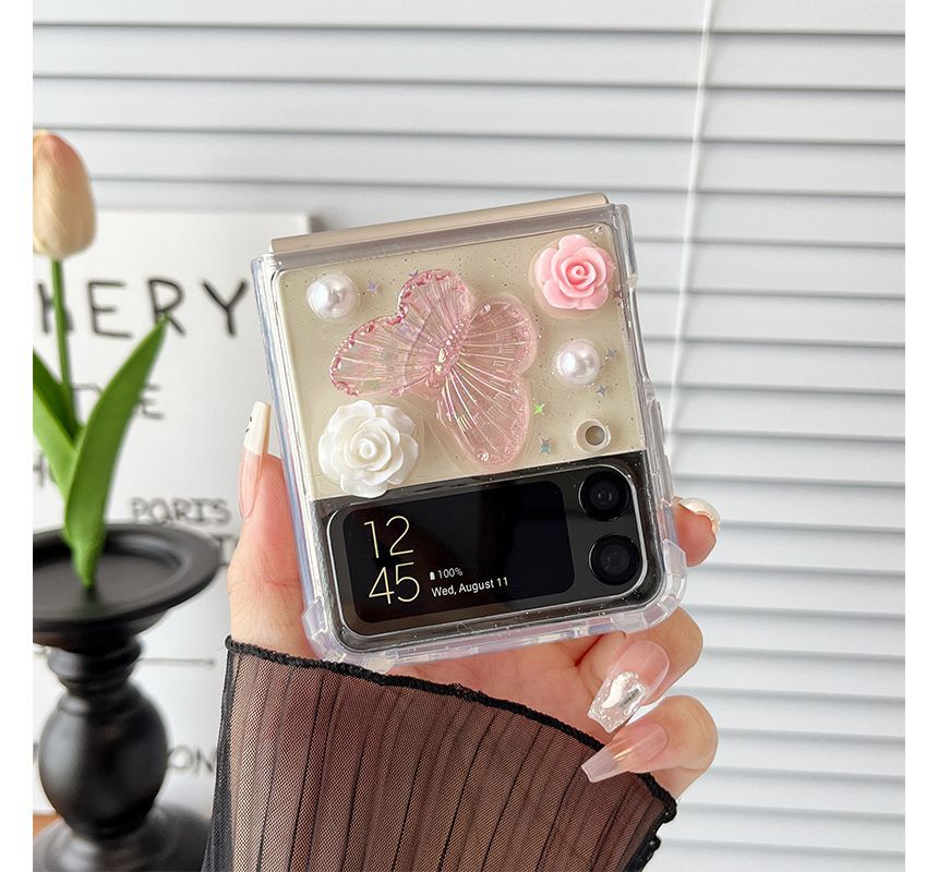 Phone Floral Case Faux Pearl Butterfly