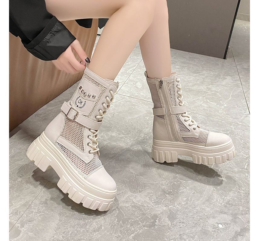 Lace-Up Short Platform Mesh Panel Boots Studded