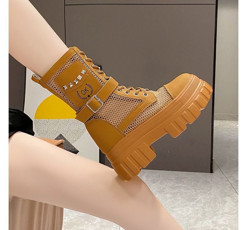 Lace-Up Short Platform Mesh Panel Boots Studded