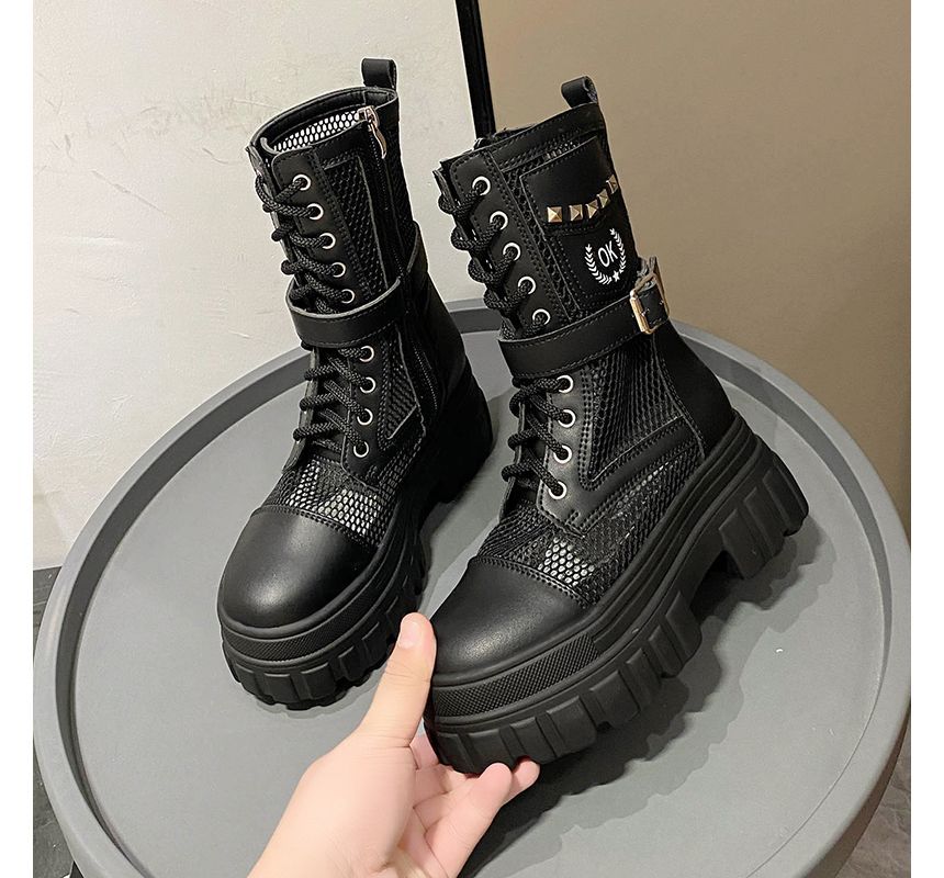 Lace-Up Short Platform Mesh Panel Boots Studded
