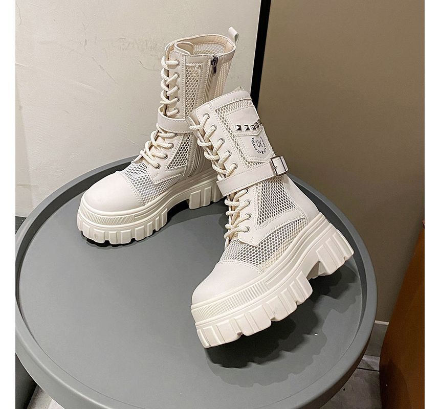 Lace-Up Short Platform Mesh Panel Boots Studded