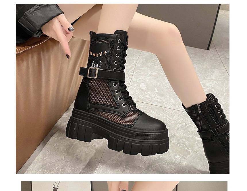 Lace-Up Short Platform Mesh Panel Boots Studded