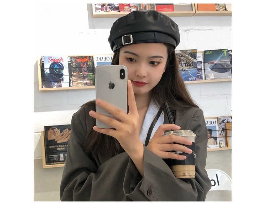 Leather Beret Buckled Faux