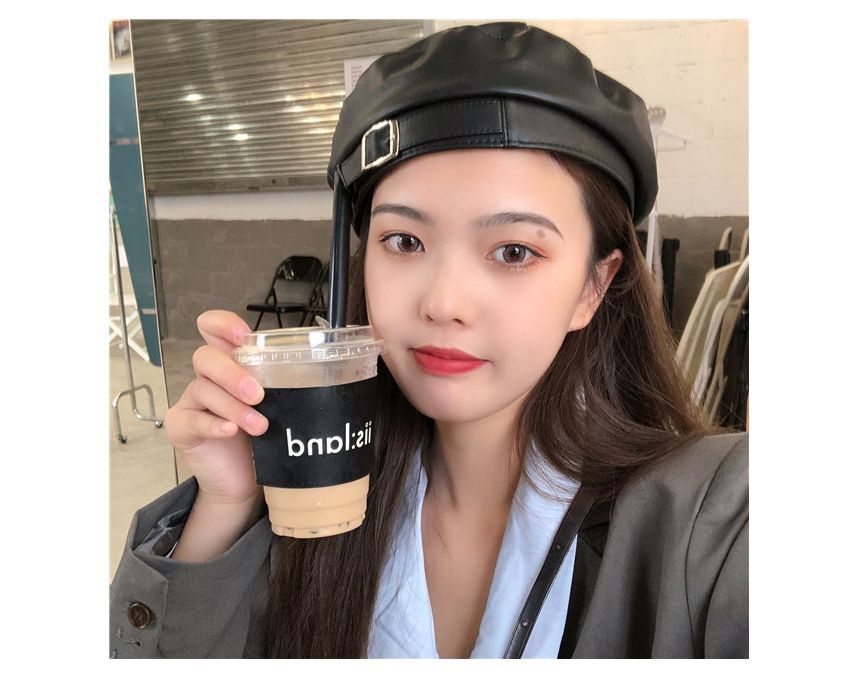 Leather Beret Buckled Faux