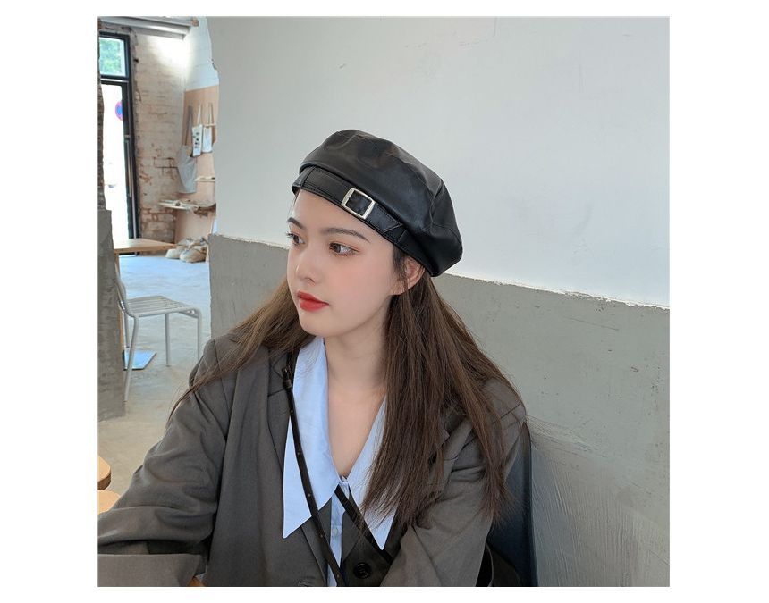 Leather Beret Buckled Faux