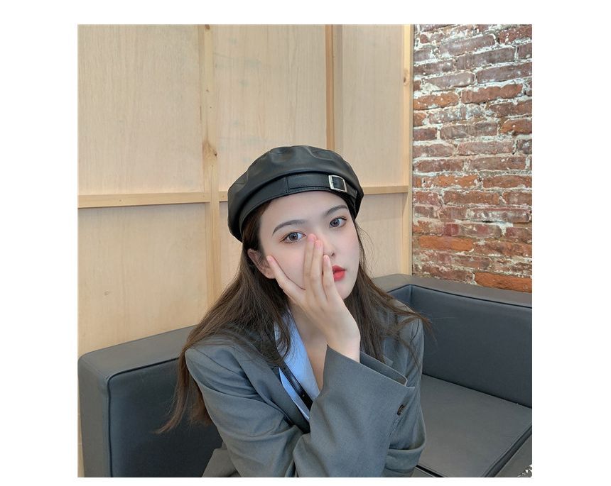 Leather Beret Buckled Faux