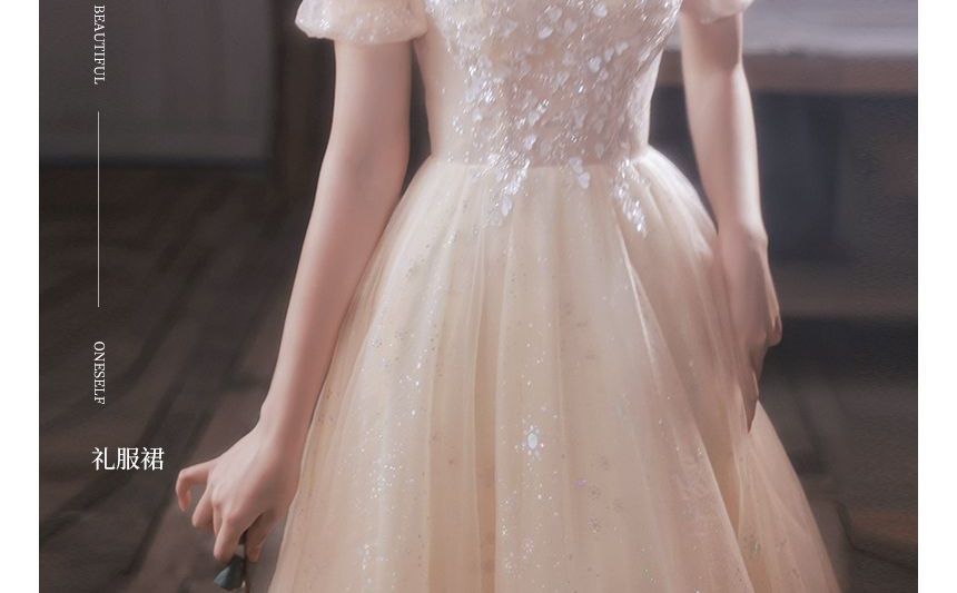 Short-Sleeve A-Line Midi Dress Gown Evening / Mesh