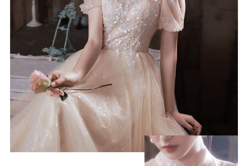 Short-Sleeve A-Line Midi Dress Gown Evening / Mesh