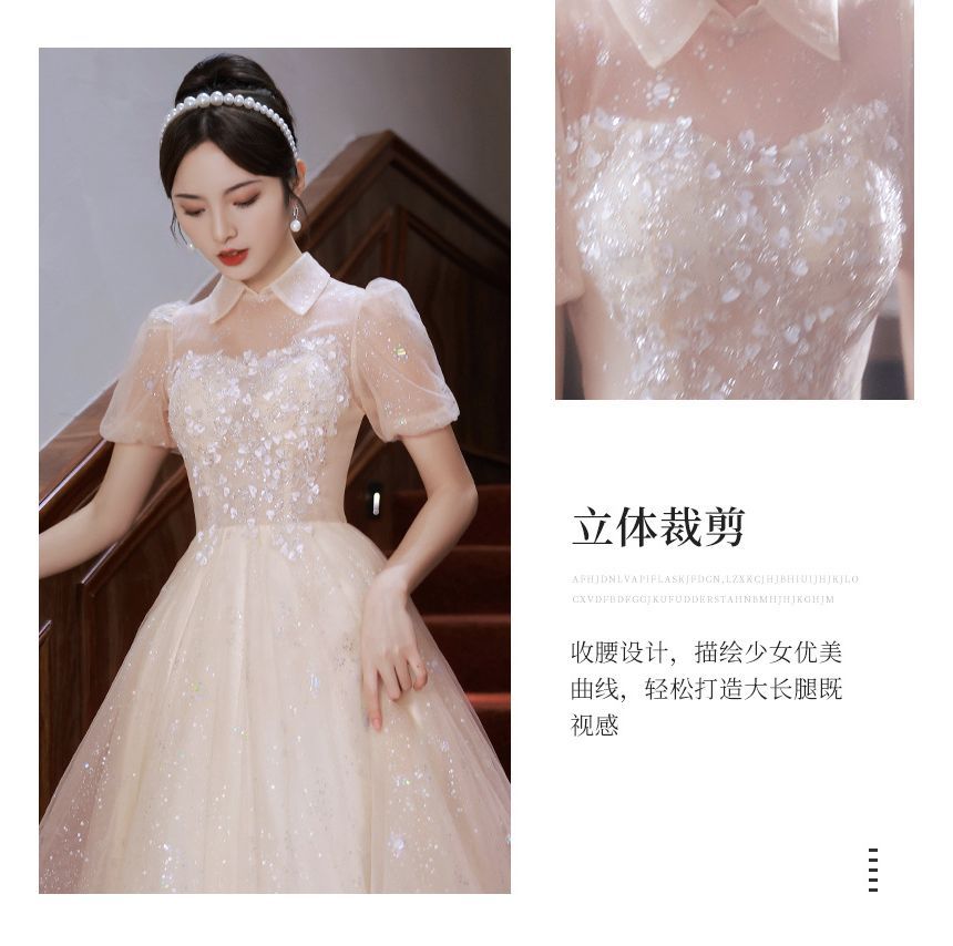 Short-Sleeve A-Line Midi Dress Gown Evening / Mesh