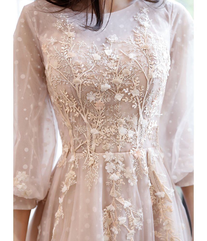 Evening Gown Long-Sleeve Crew A-Line Neck Mesh