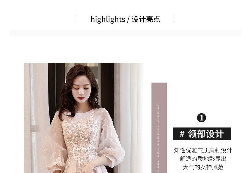 Evening Gown Long-Sleeve Crew A-Line Neck Mesh