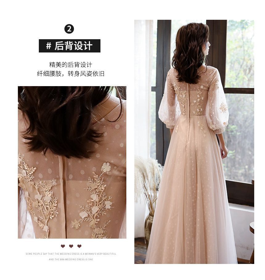 Evening Gown Long-Sleeve Crew A-Line Neck Mesh