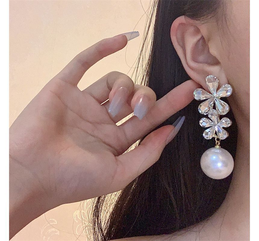 Drop Flower Rhinestone Pearl Earring Faux