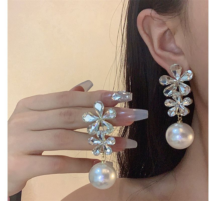 Drop Flower Rhinestone Pearl Earring Faux