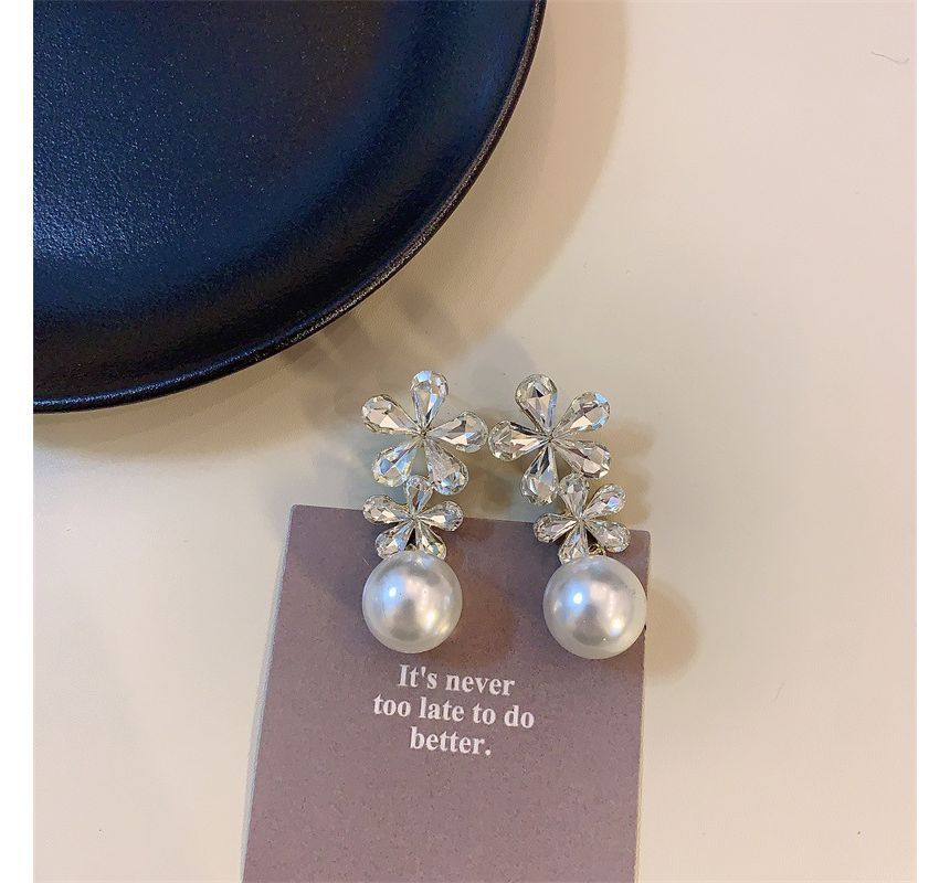 Drop Flower Rhinestone Pearl Earring Faux