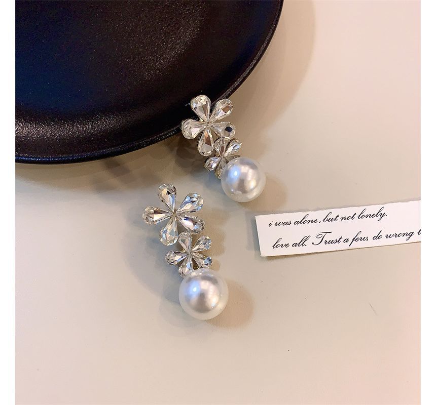 Drop Flower Rhinestone Pearl Earring Faux