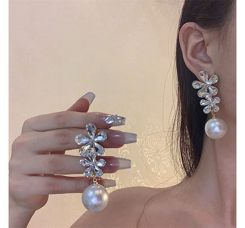 Drop Flower Rhinestone Pearl Earring Faux