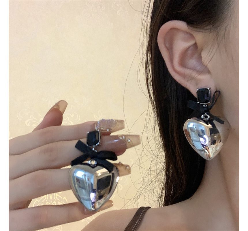 Rhinestone Bow Earring Heart Drop