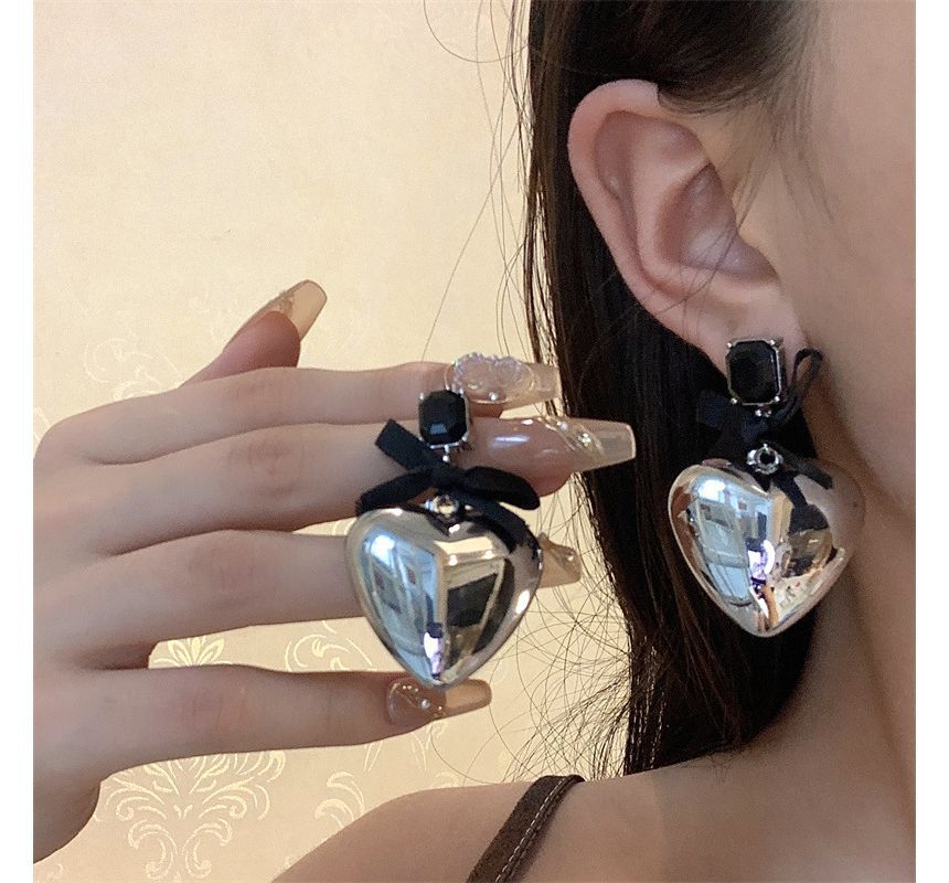 Rhinestone Bow Earring Heart Drop