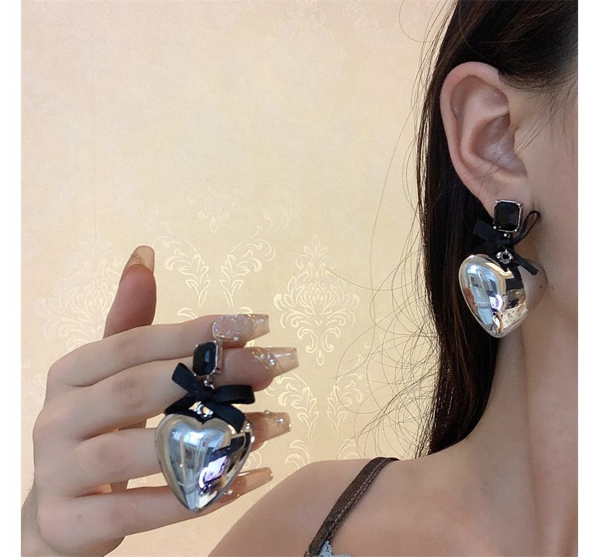 Rhinestone Bow Earring Heart Drop