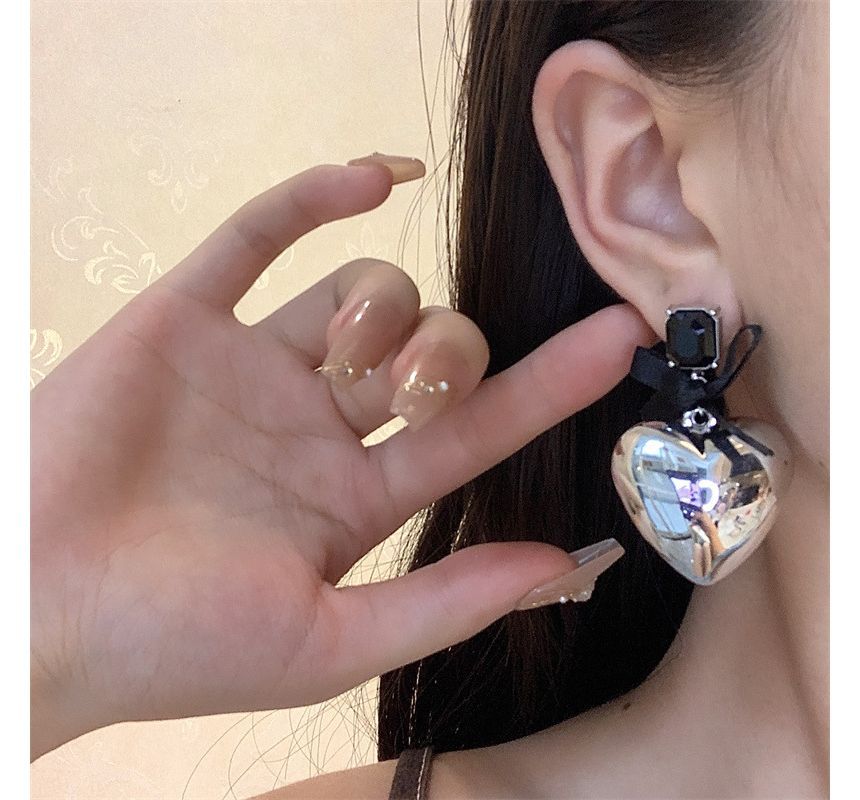 Rhinestone Bow Earring Heart Drop