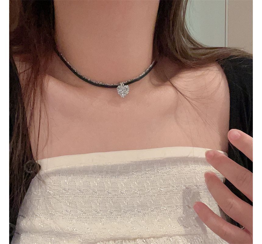 Heart Cord Necklace Faux Rhinestone Leather