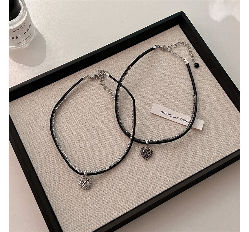 Heart Cord Necklace Faux Rhinestone Leather