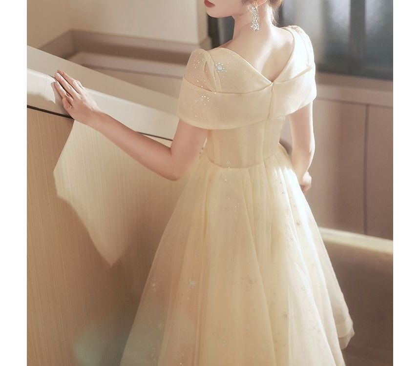 Evening Gown Square Neck A-Line Mesh Short-Sleeve