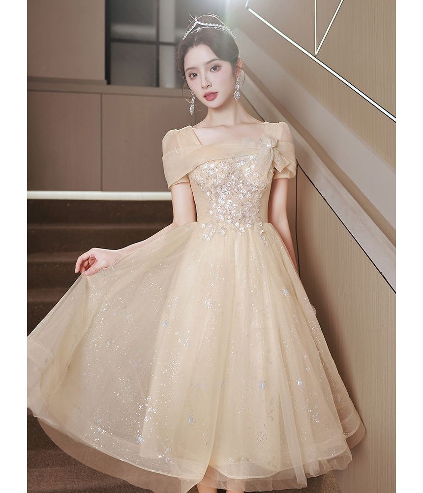 Evening Gown Square Neck A-Line Mesh Short-Sleeve