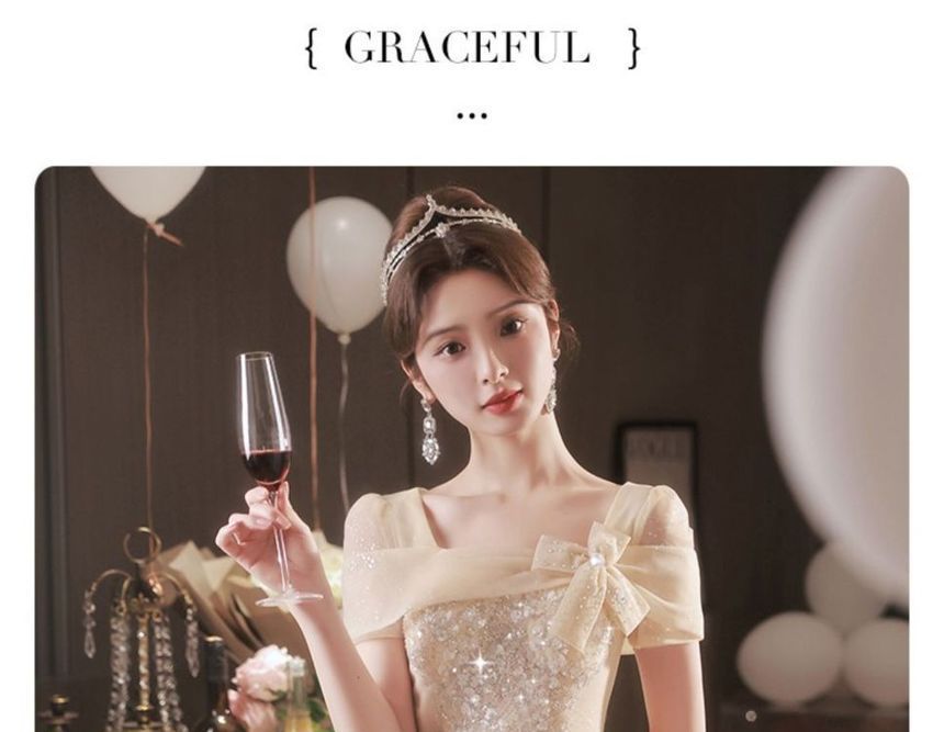 Evening Gown Square Neck A-Line Mesh Short-Sleeve